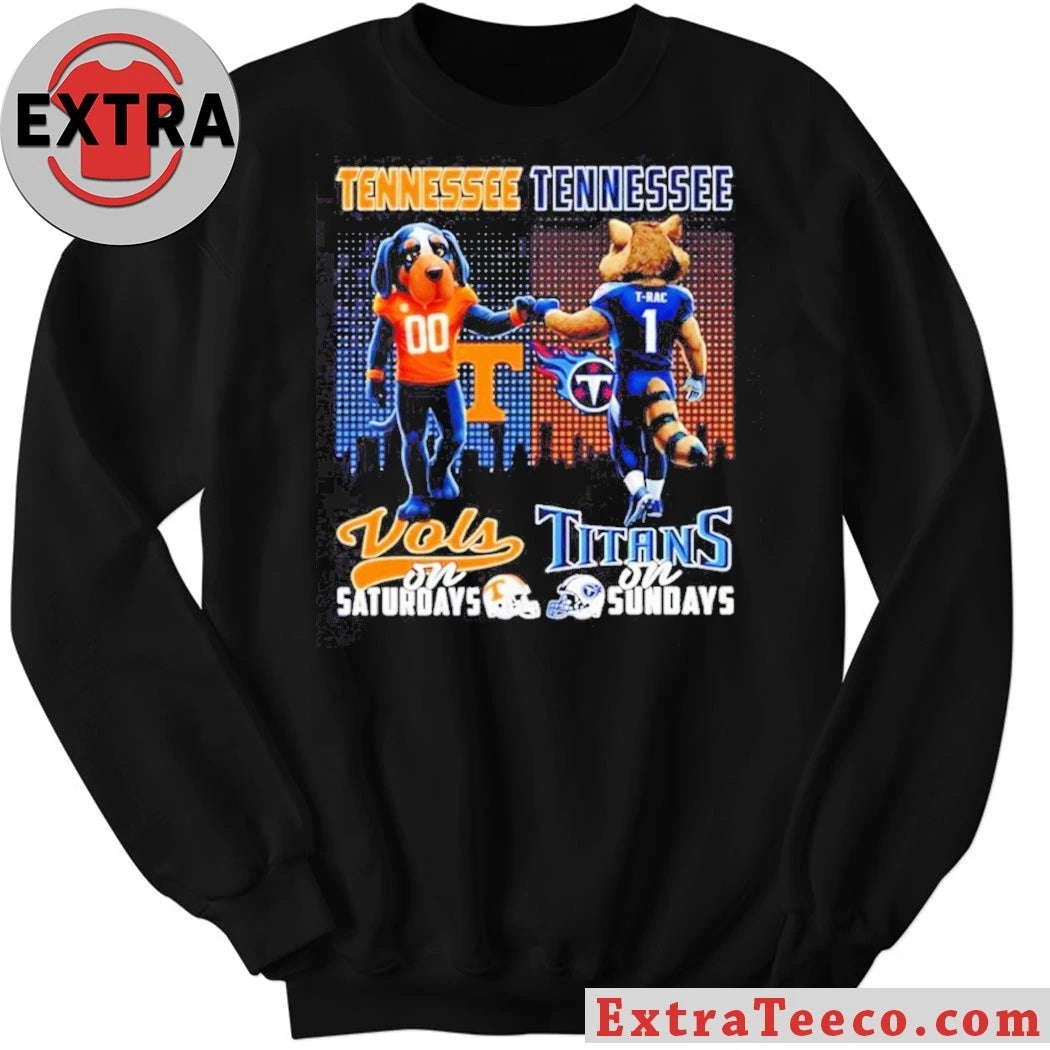 NCAA Tennessee Volunteers On Saturdays and Tennessee Titans On Sundays Mascot Smokey the dog and T-Rac the raccoon City Skyline T-Shirt