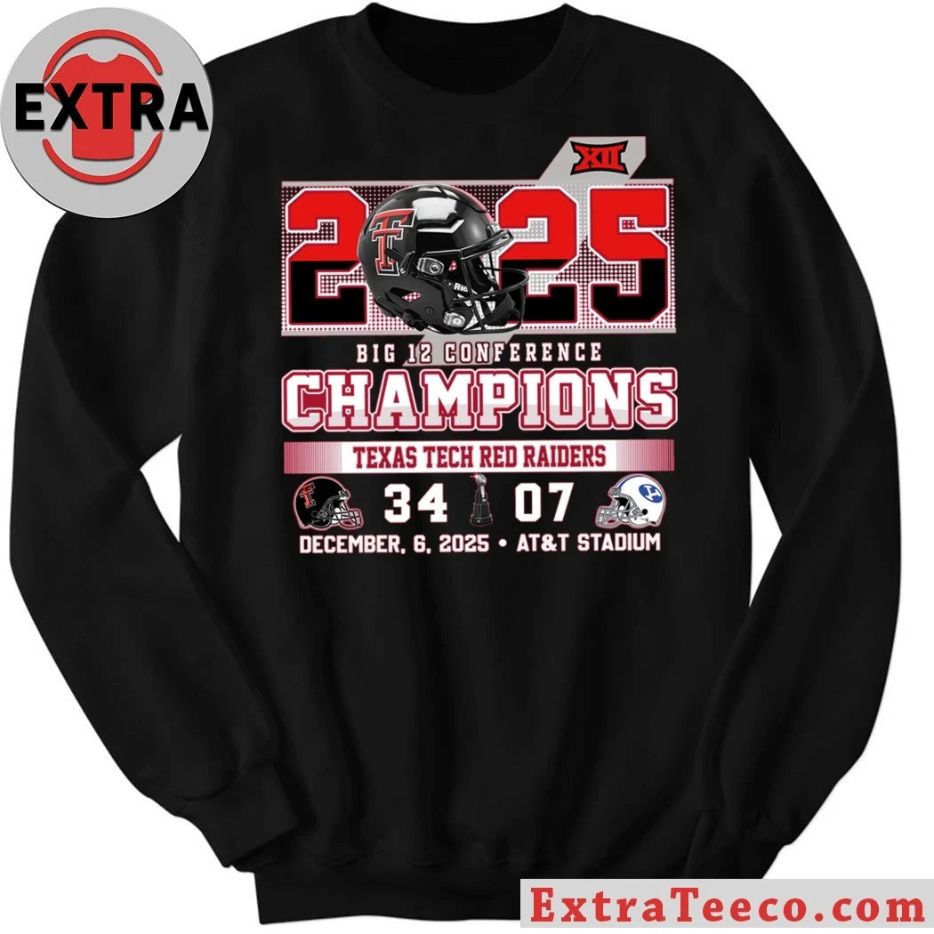 Official 2025 Big 12 Conference Champions Texas Tech Red Raiders 34 BYU 07 December 6 2025 AT&T Stadium Helmet And Logo Shirt