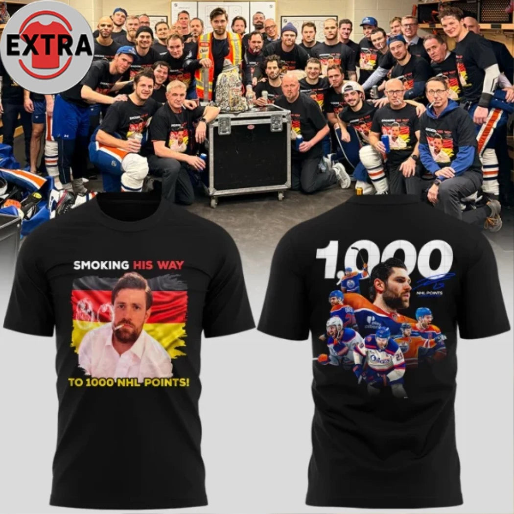 Official Leon Draisaitl Edmonton Oilers 1000 Career NHL Points Signature Two Sided T-Shirt