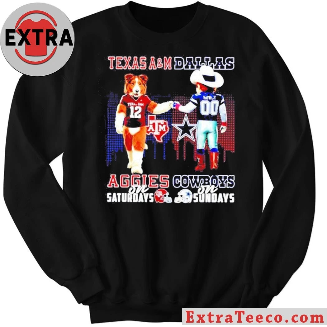 Texas A&M Aggies on Saturdays x Dallas Cowboys on Sundays Mascots Reveille the Dog and Rowdy the Cowboy Skyline T-Shirt