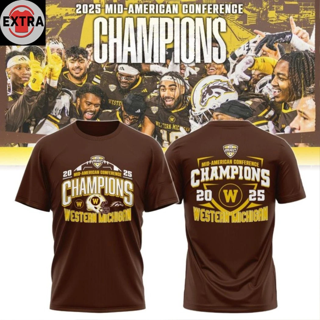 Western Michigan Broncos 2025 MAC Championship Celebration Football Helmet And Logo Two Sided Shirt