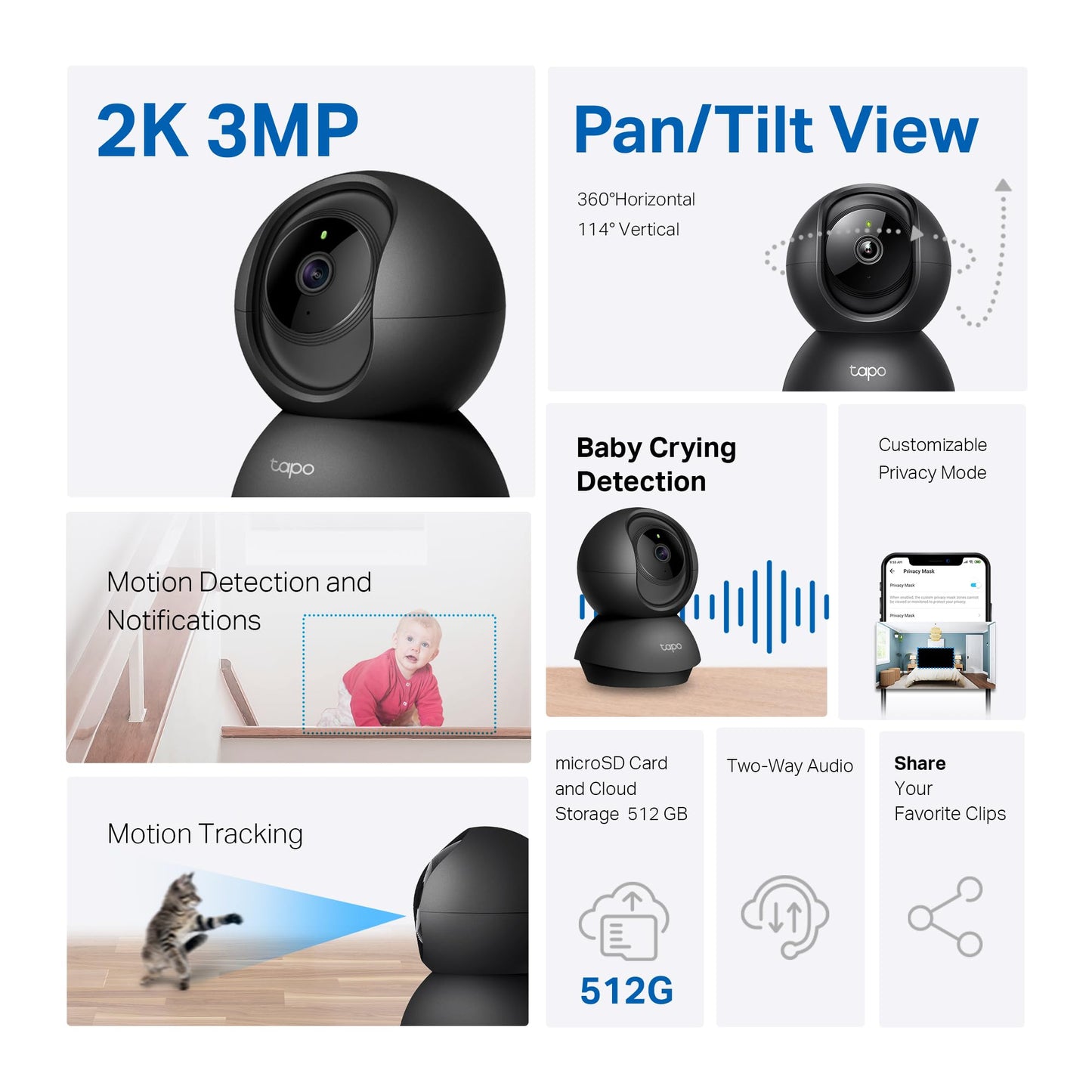 Tapo TP-Link 2K Pan Tilt Security Camera for Baby Monitor, Dog Camera w/Motion Detection, 2-Way Audio Siren, Night Vision, Cloud &SD Card Storage (Up to 256 GB), Works with Alexa & Google Home (C210)