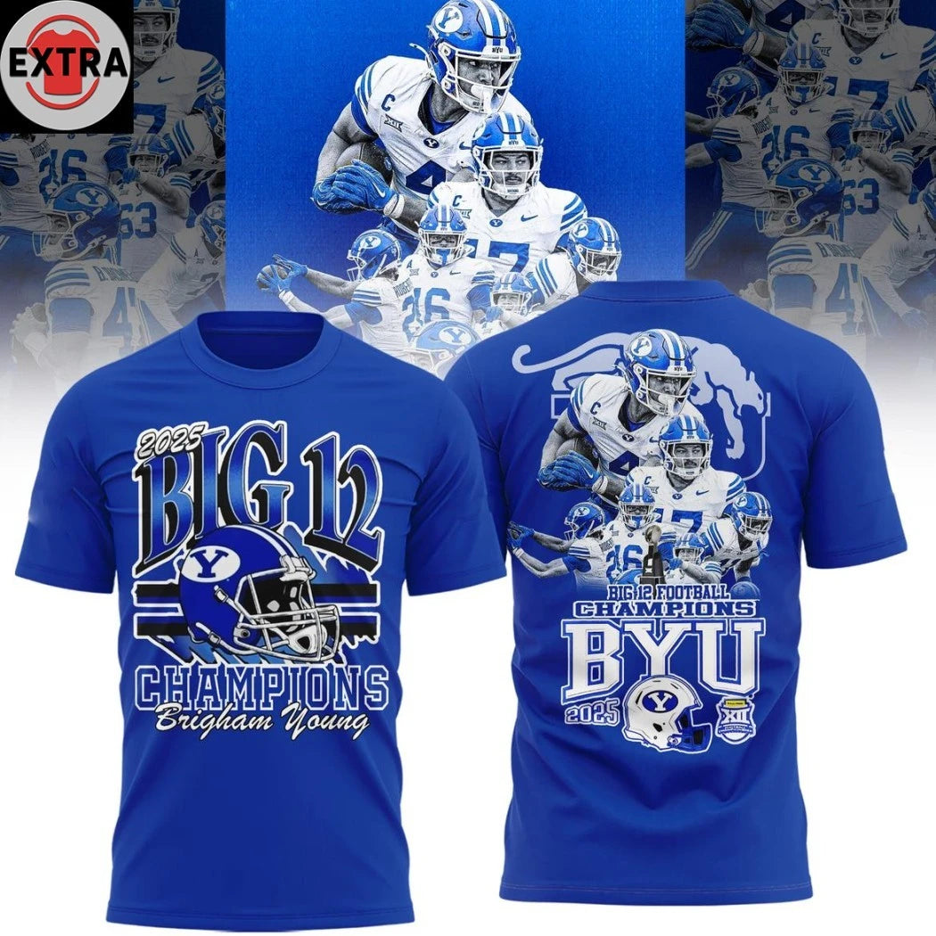 BYU Cougars 2025 Big 12 Conference Football Champions Helmet And Logo Two Sided Shirt