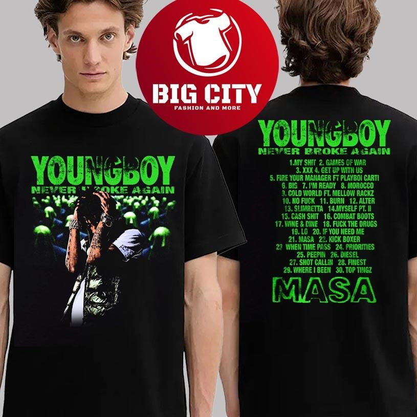 NBA Young Boy Merch Tee MASA Album Never Broke Again List 2025 New Two Sided Shirt