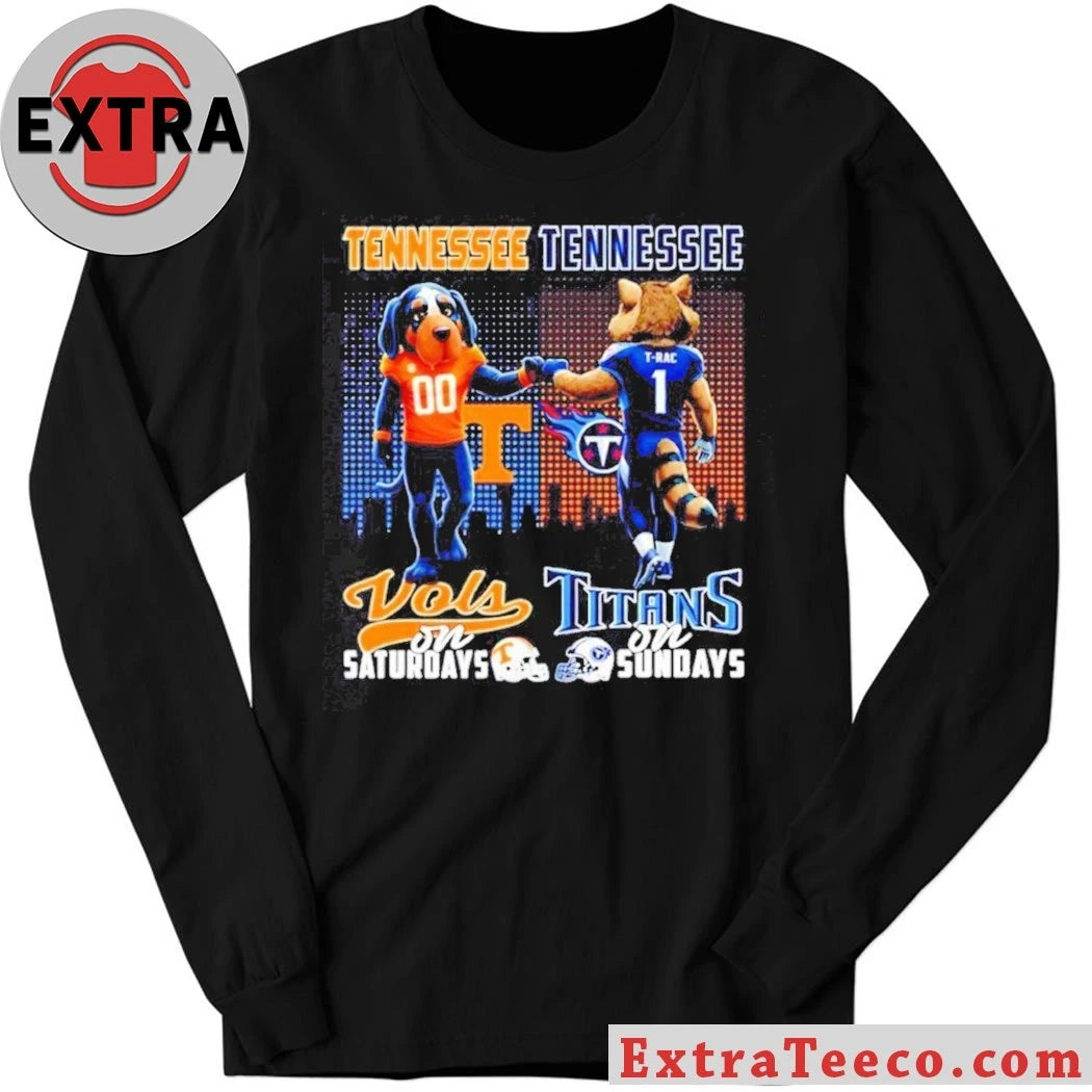 NCAA Tennessee Volunteers On Saturdays and Tennessee Titans On Sundays Mascot Smokey the dog and T-Rac the raccoon City Skyline T-Shirt