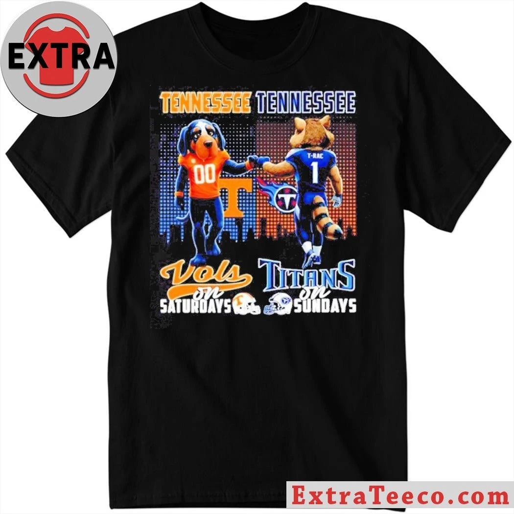 NCAA Tennessee Volunteers On Saturdays and Tennessee Titans On Sundays Mascot Smokey the dog and T-Rac the raccoon City Skyline T-Shirt