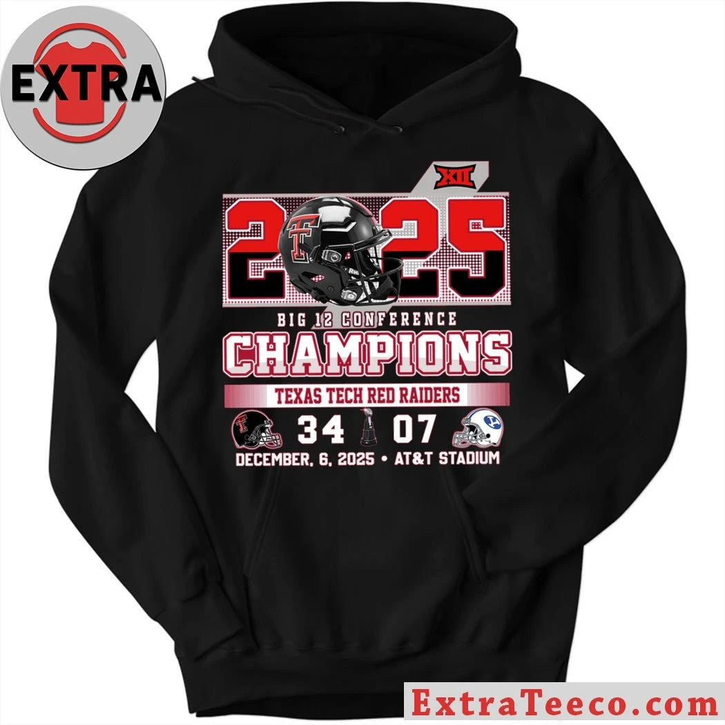 Official 2025 Big 12 Conference Champions Texas Tech Red Raiders 34 BYU 07 December 6 2025 AT&amp;T Stadium Helmet And Logo Shirt