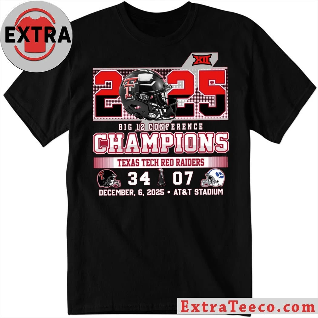 Official 2025 Big 12 Conference Champions Texas Tech Red Raiders 34 BYU 07 December 6 2025 AT&amp;T Stadium Helmet And Logo Shirt