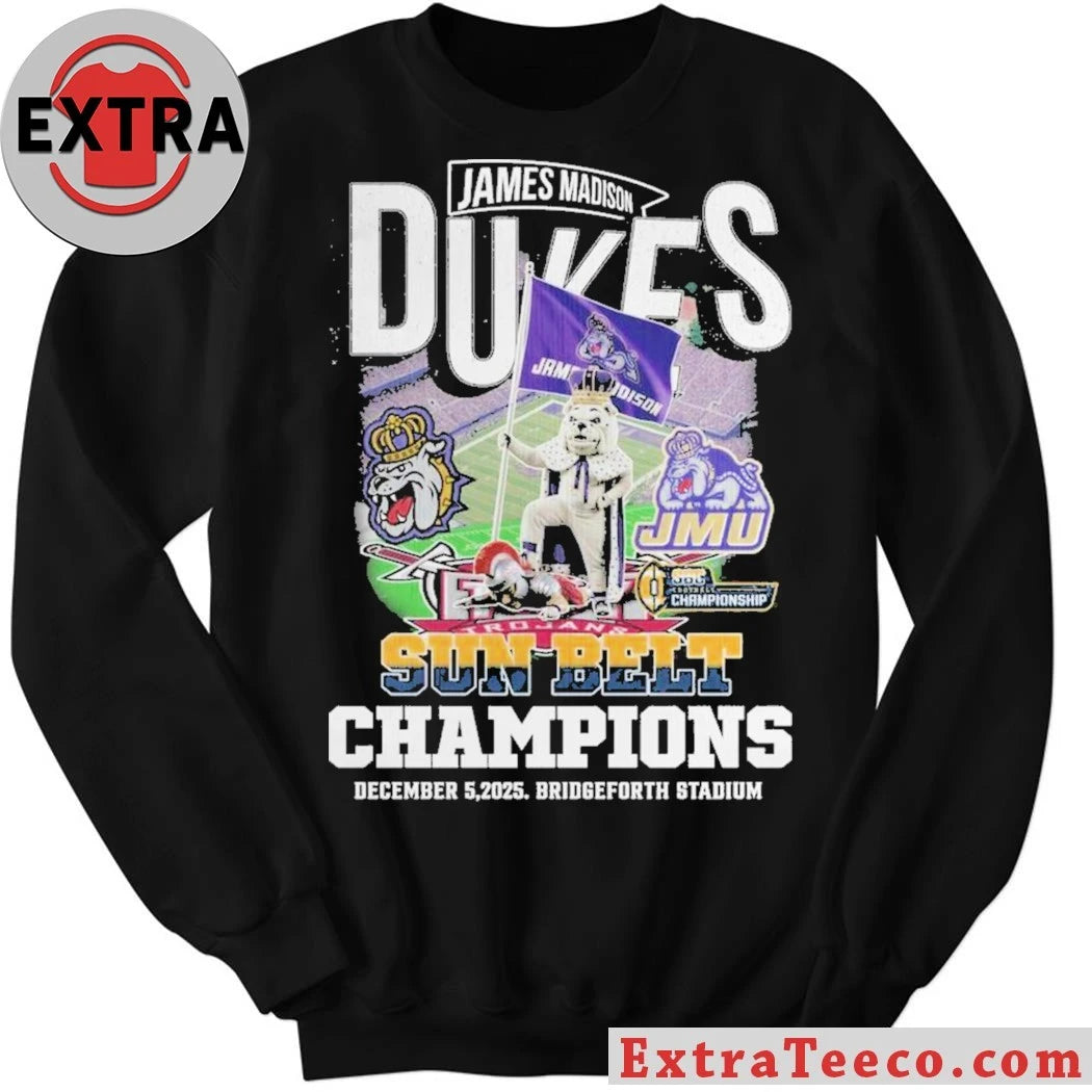 Official James Madison Dukes Sun Belt Champions December 5 2025 Bridgeforth Stadium Logo T-Shirt