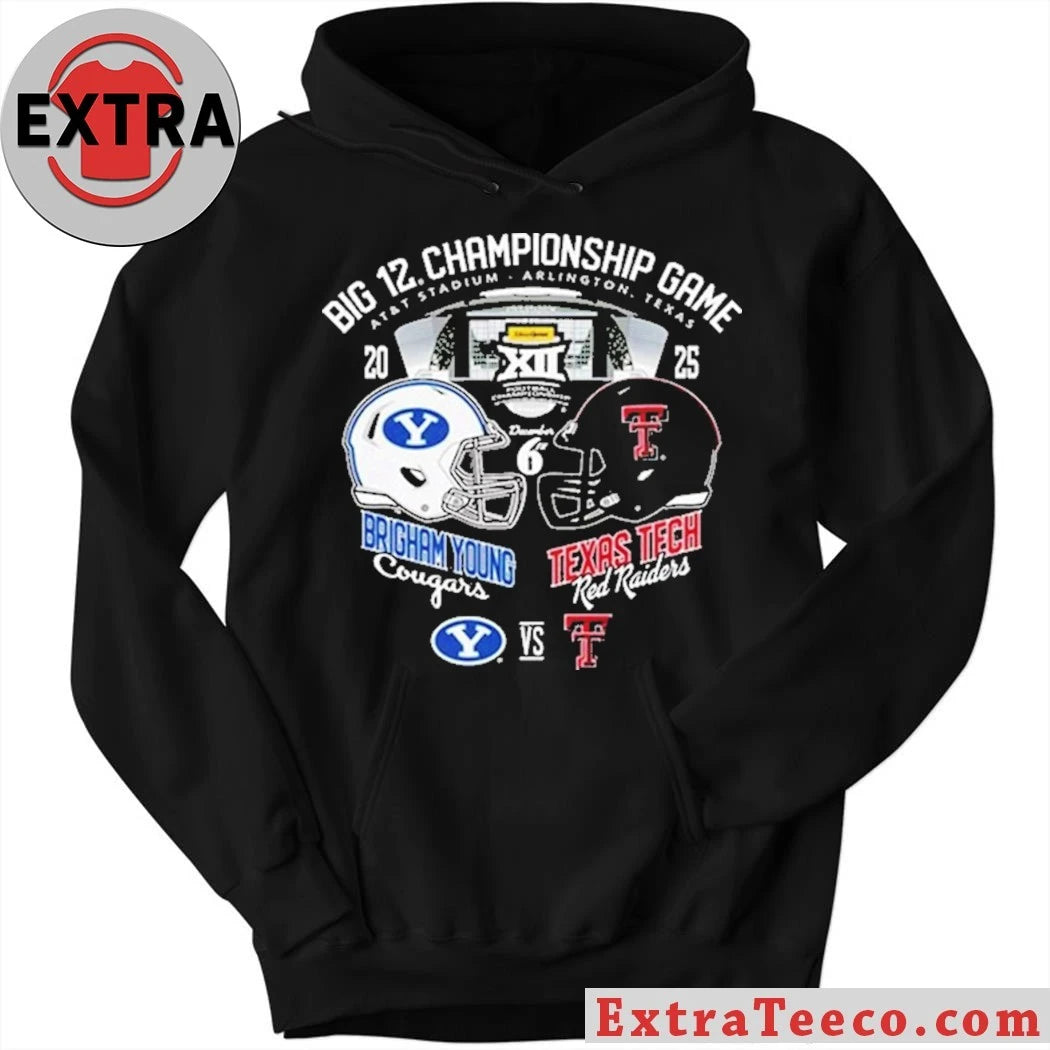 Official Texas Tech Red Raiders vs Brigham Cougars Big 12 Championship Game 2025 At AT And T Stadium Arlington Texas Helmet Logo T-Shirt