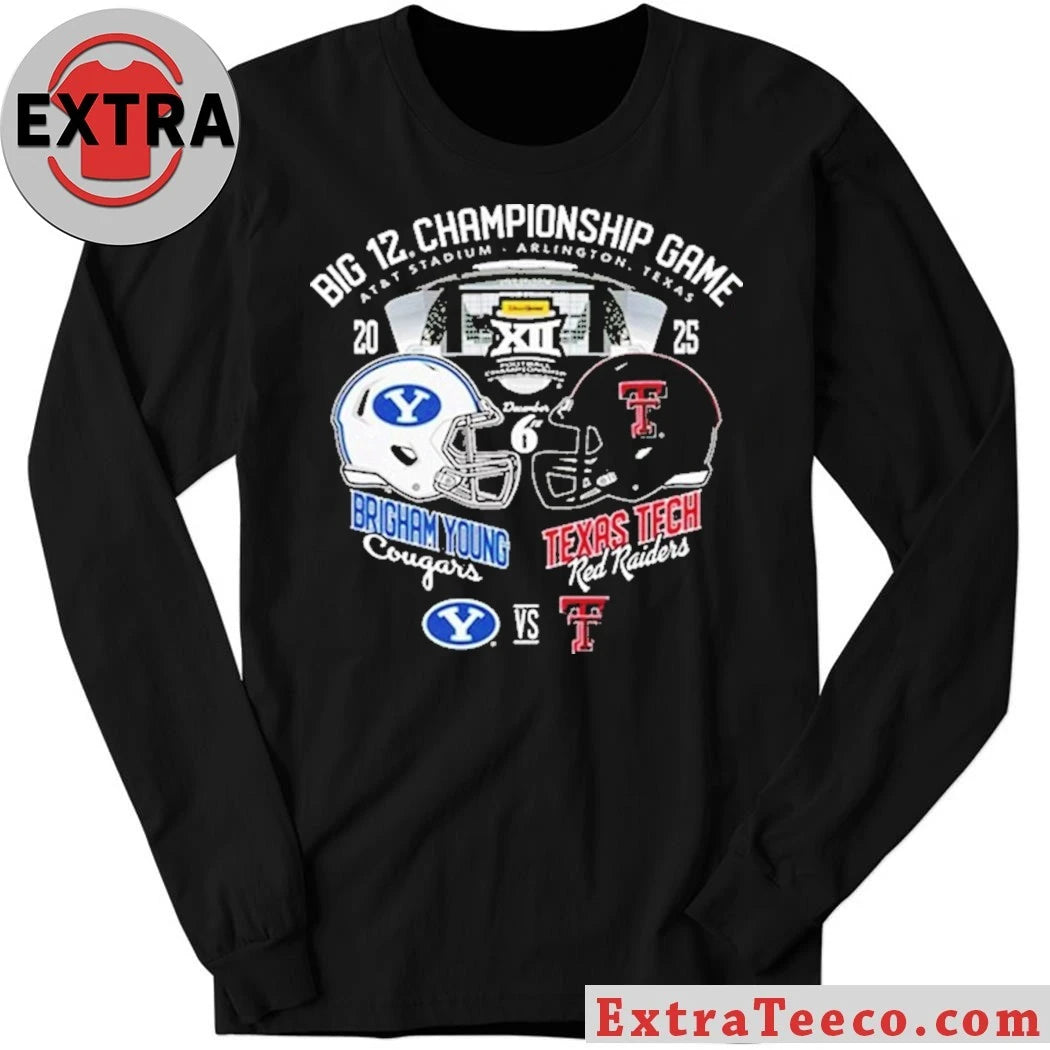 Official Texas Tech Red Raiders vs Brigham Cougars Big 12 Championship Game 2025 At AT And T Stadium Arlington Texas Helmet Logo T-Shirt