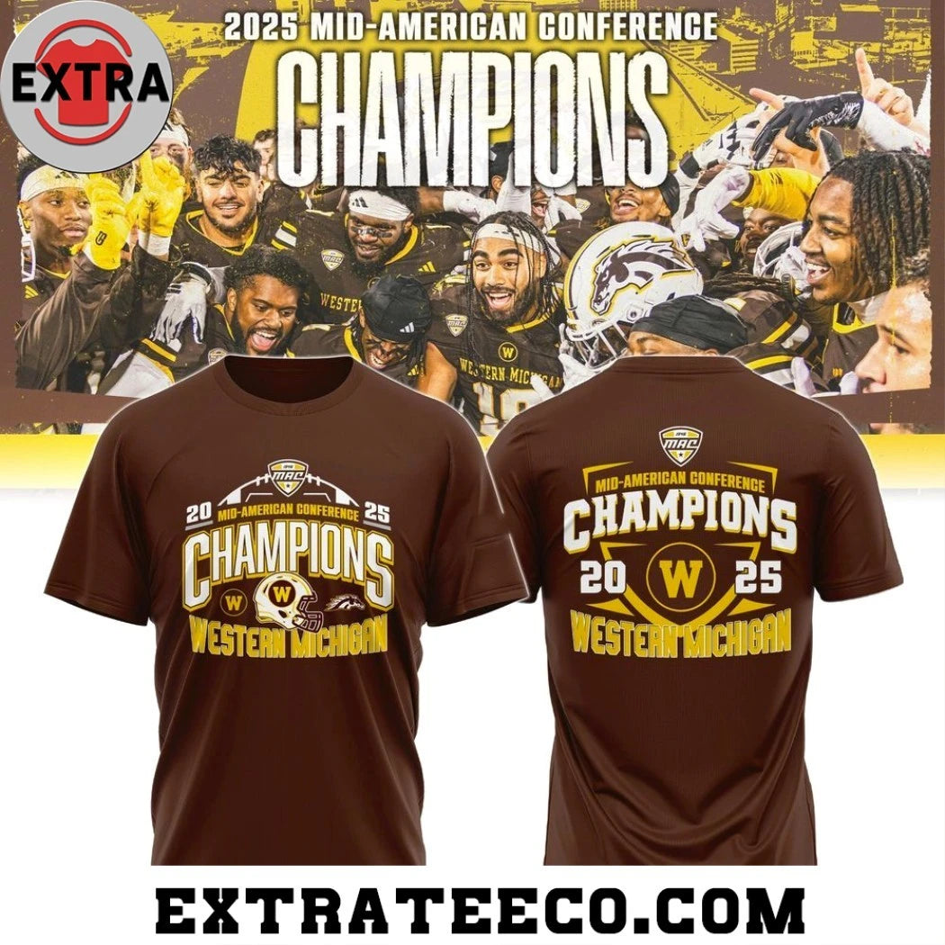 Official Western Michigan Broncos 2025 Mid American Conference Football Champions Helmet And Logo Hoodie Shirts