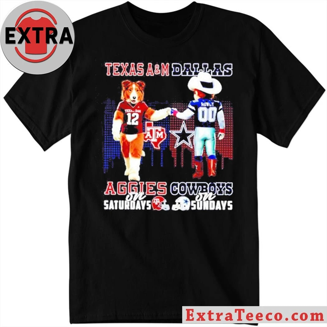 Texas A&amp;M Aggies on Saturdays x Dallas Cowboys on Sundays Mascots Reveille the Dog and Rowdy the Cowboy Skyline T-Shirt