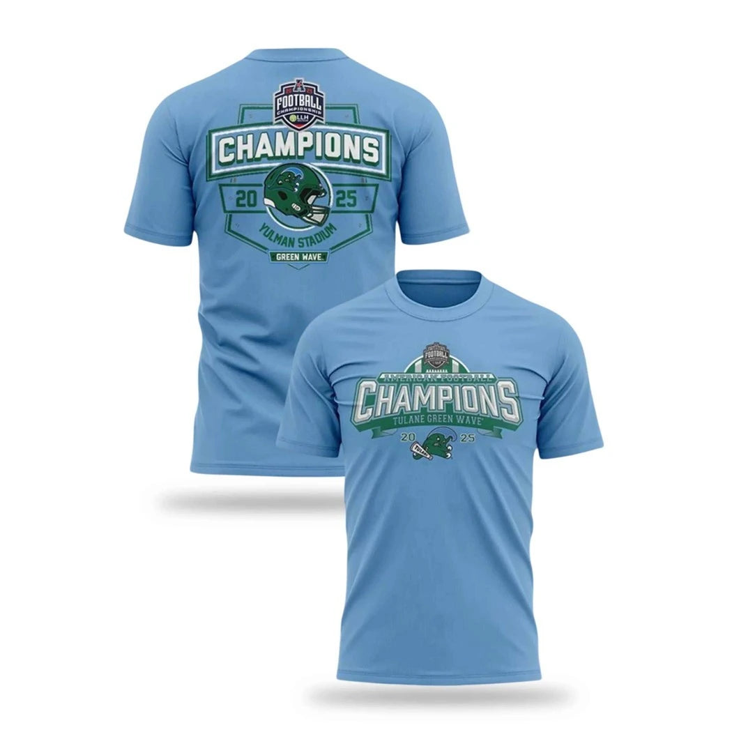 Tulane American Football Champions 2025 Roll Wave Logo And Helmet Shirt